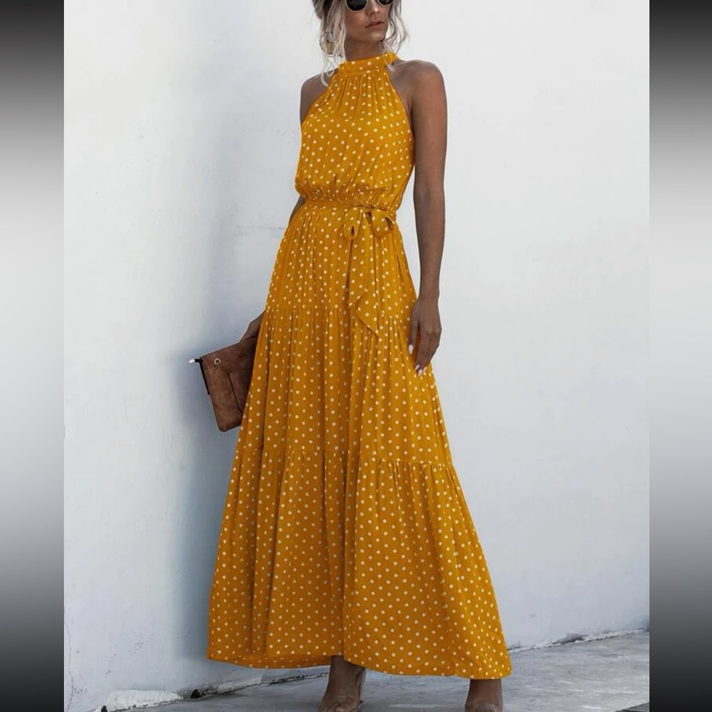 SHEIN HALTER SELF TIE RUFFLE HEM POLKA DOT DRESS